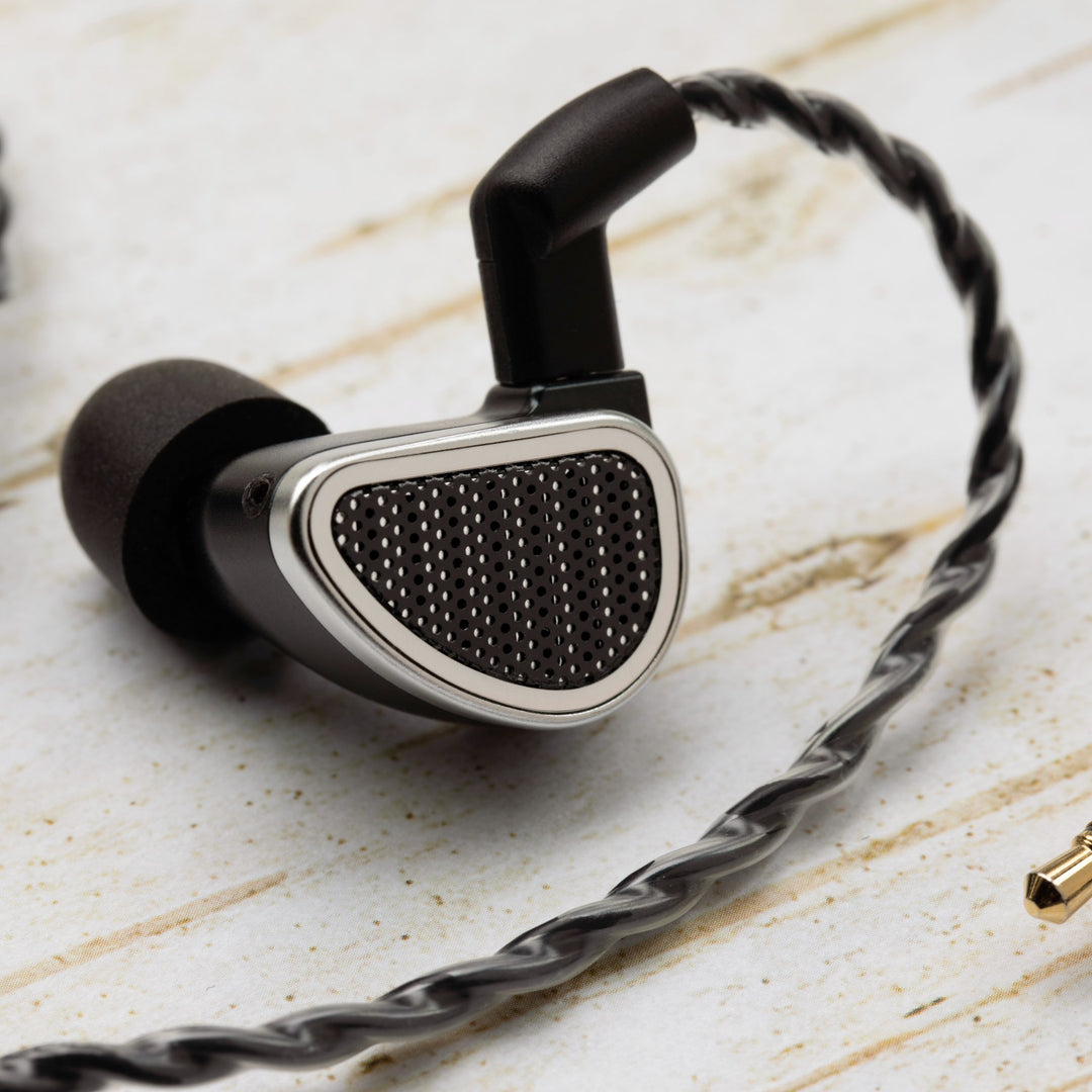 64 Audio Duo closeup left IEM with attached stock cable