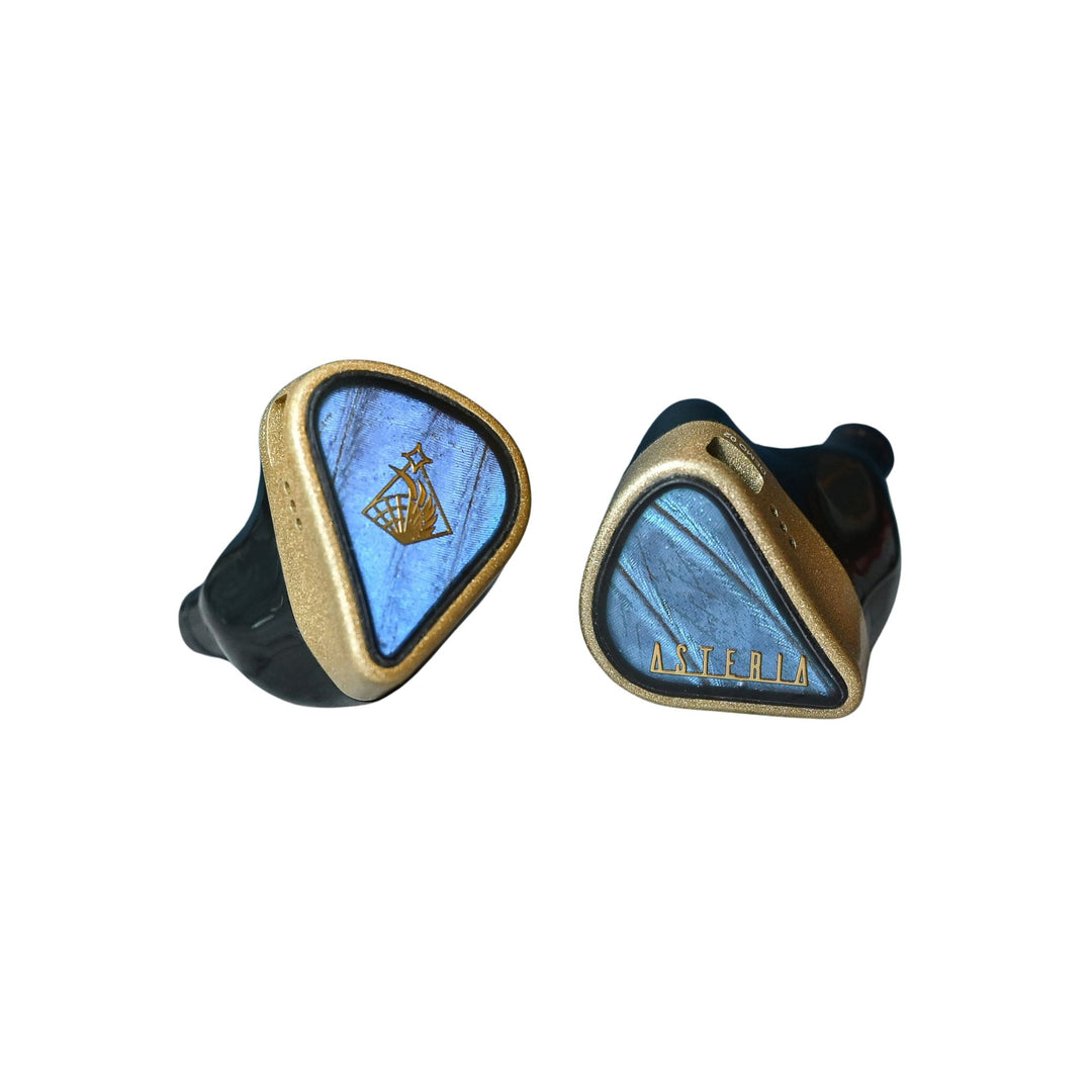7th Acoustics Asteria IEMs sitting front facing left IEM rotated left whitebox