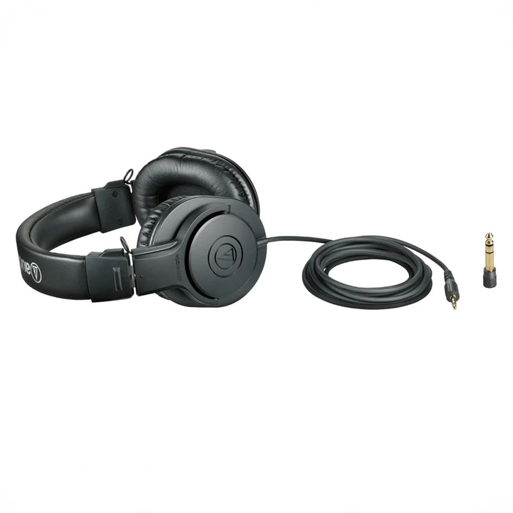 Audio-Technica ATH-M20x black headphone prone with attached stock cable and adapter whitebox