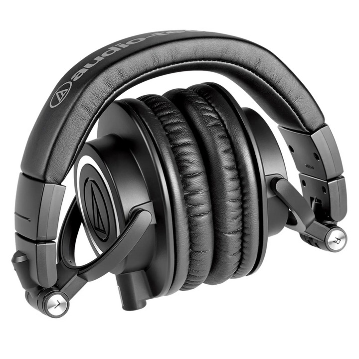 Audio-Technica ATH-M50x headphones collapsed front left 3 quarter angle whitebox