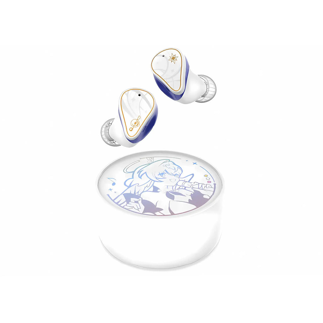 Moondrop x Honkai: Star Rail Robin TWS earphones floating above charging case sitting center whitebox