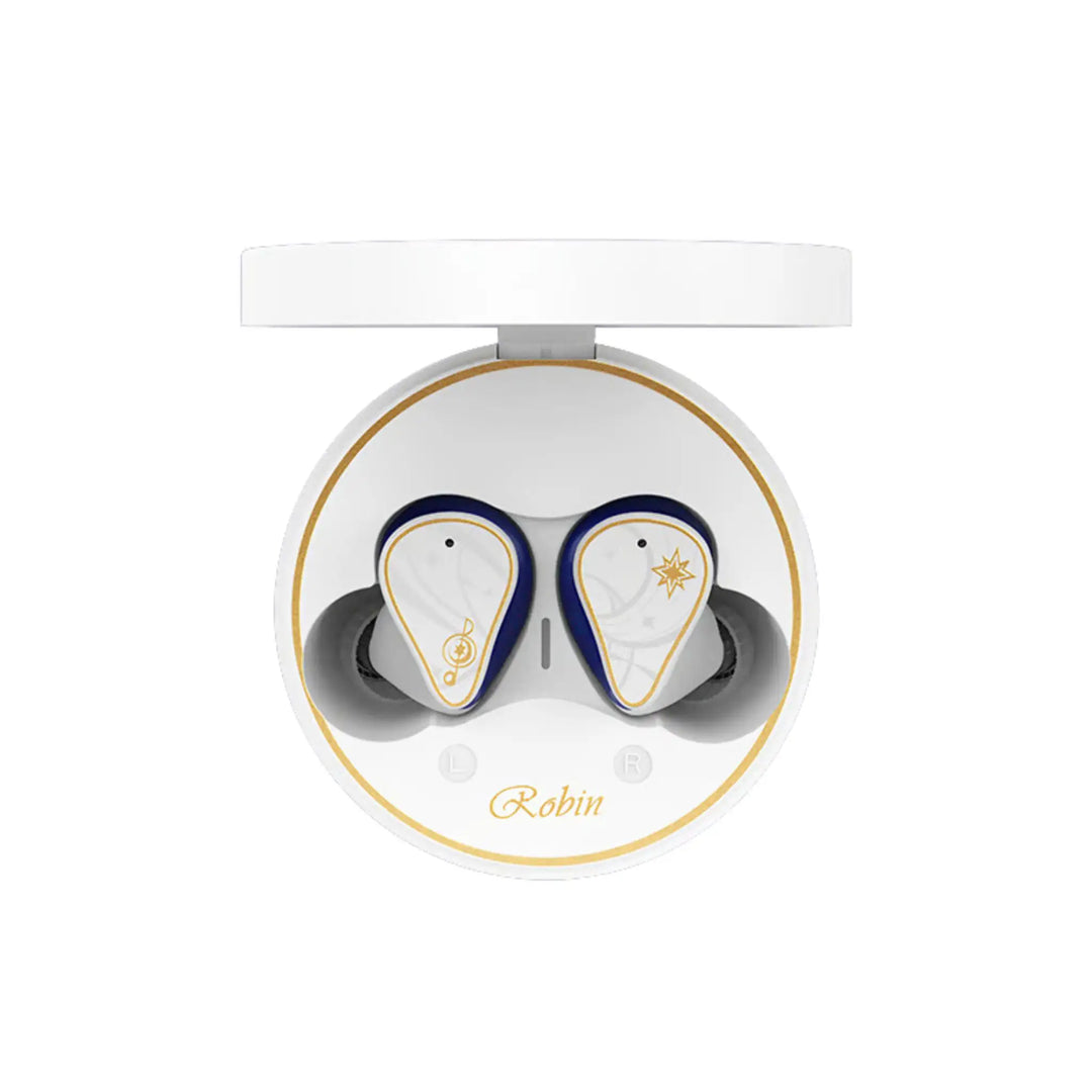 Moondrop x Honkai: Star Rail Robin TWS earphones Birdseye view of earphones in charging case center whitebox