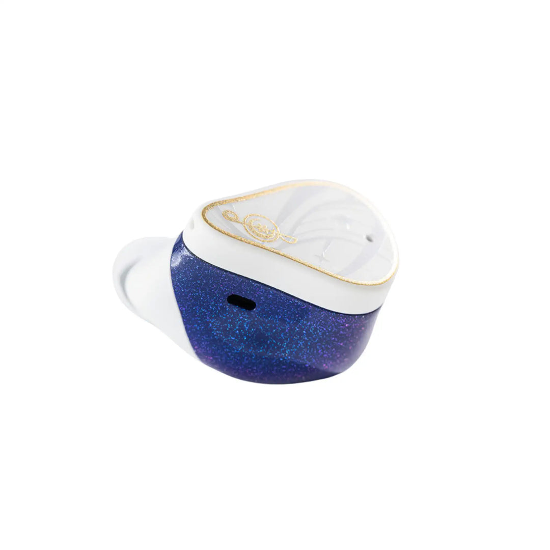 Moondrop x Honkai: Star Rail Robin TWS earphone sitting rotated clockwise center side view whitebox