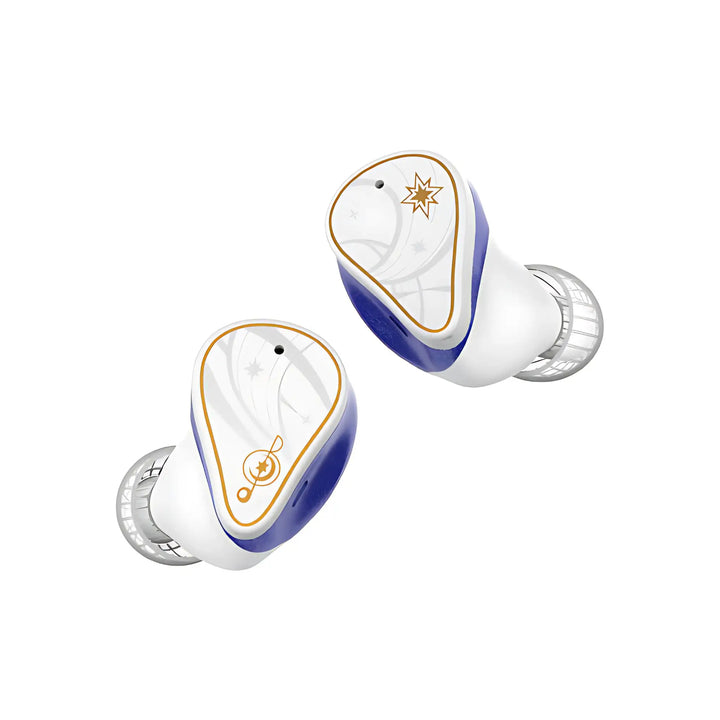 Moondrop x Honkai: Star Rail Robin TWS earphones floating diagonally front whitebox