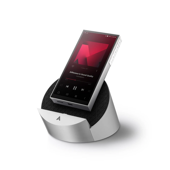 Astell&Kern PD10 dap sitting on docking cradle front right 3 quarter angle whitebox