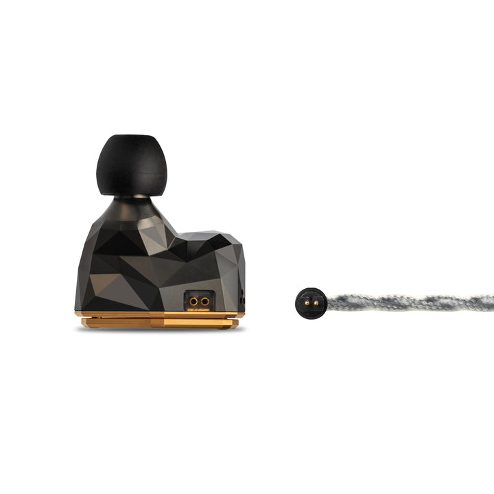 Astell&Kern x Empire Ears Novus single earphone profile closeup with stock cable connector over white background