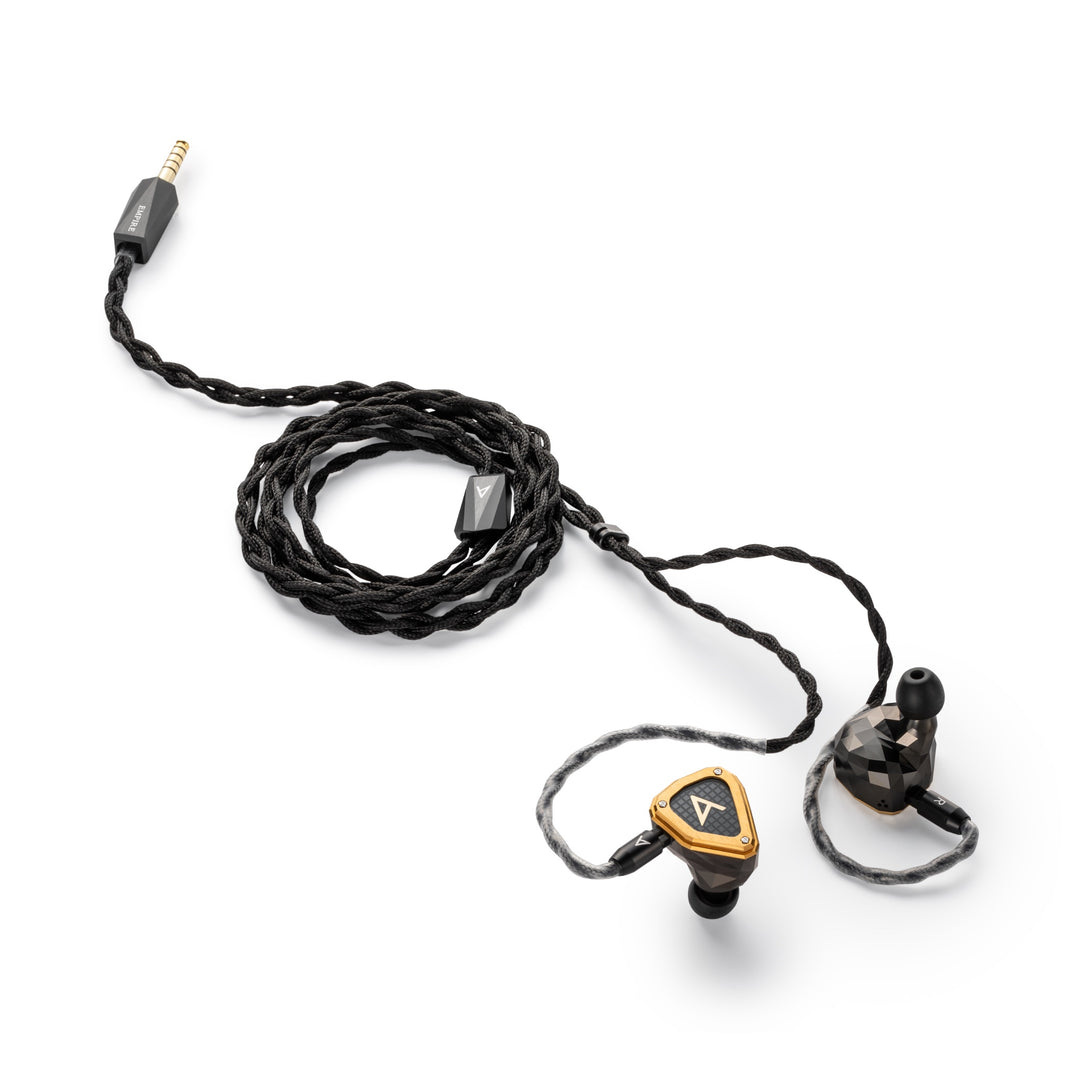 Astell&Kern x Empire Ears Novus high angle with attached, coiled stock cable over white background
