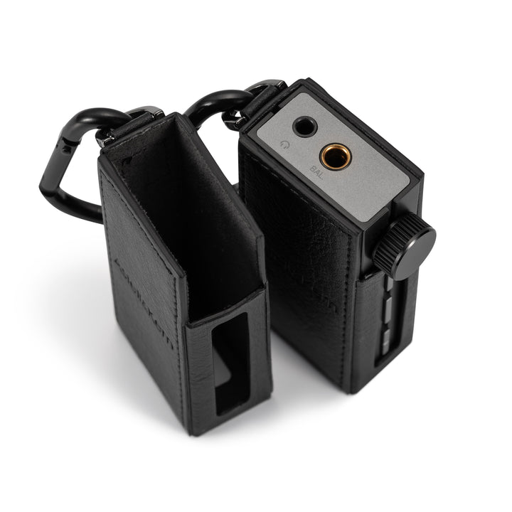 Astell&Kern HB1 case x2 top with and without HB1 DAC vertical over white background