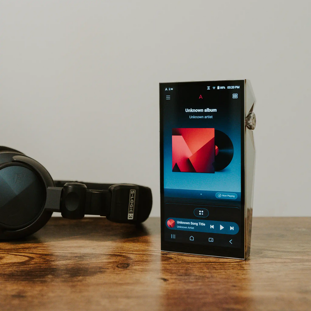 Astell&Kern SP4000 DAP front right 3 quarter angle standing on wooden table screen on with Astell&Kern Virtuoso headphones