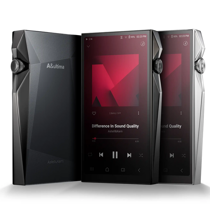 Astell&Kern SP4000 DAP x3 rear black unit and front facing black and silver units turned inward whitebox