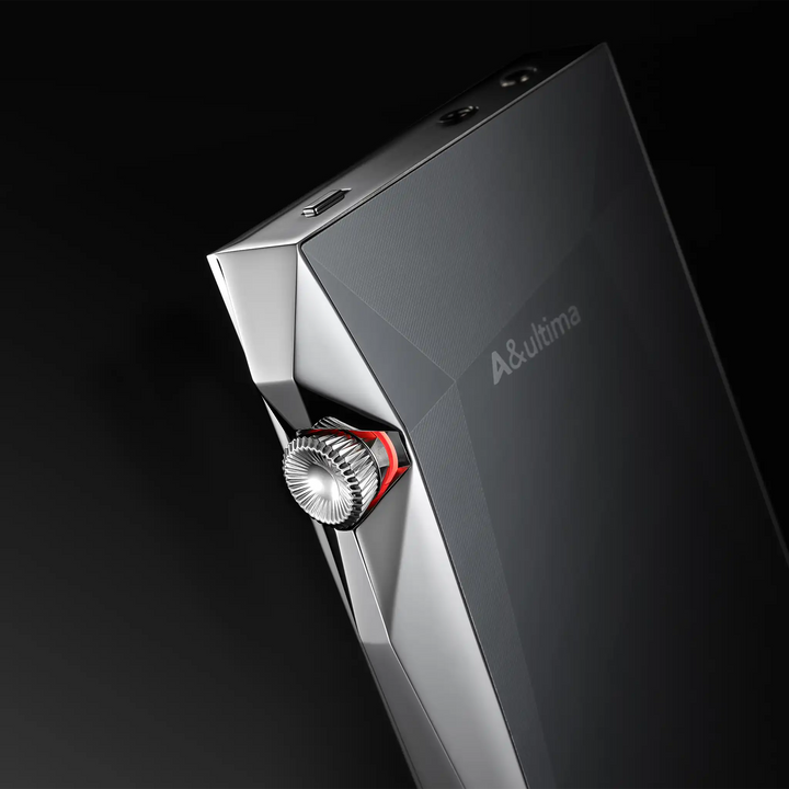 Astell&Kern SP4000 DAP silver rear top left closeup of volume knob on black background