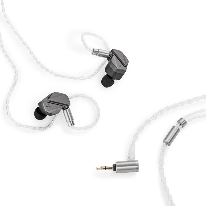 Astell&Kern AK ZERO2 with attached cable highlighting 3.5mm connector and Y-split over white background