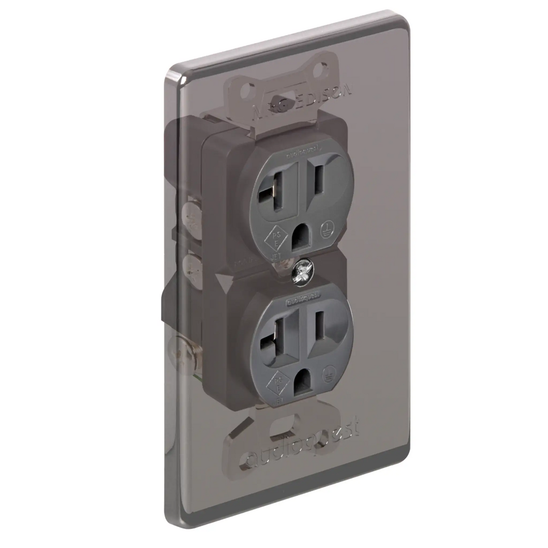 AudioQuest NRG Edison AC outlet 20 amp with wall plate assembled front left 3 quarter angle whitebox
