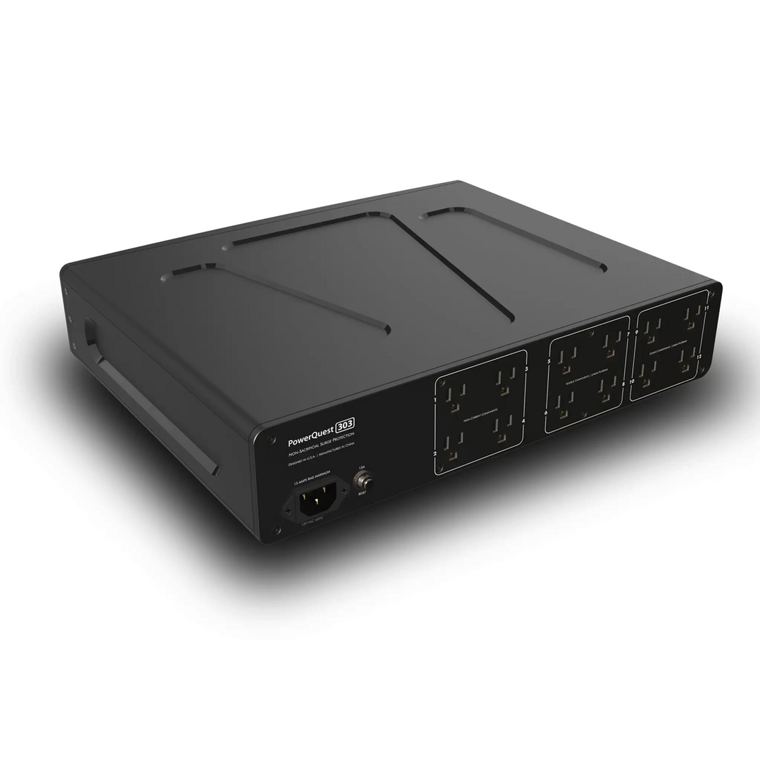 AudioQuest PowerQuest 303 Power Conditioner sitting rear left 3 quarter angle whitebox