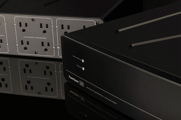 AudioQuest PowerQuest 505 Power Conditioner (2x) rear view and front left side view sitting on black background