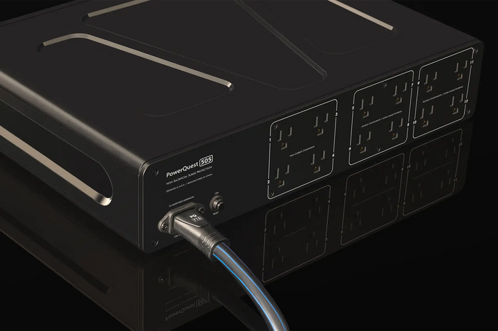 AudioQuest PowerQuest 505 Power Conditioner left rear 3 quarter view sitting on black background