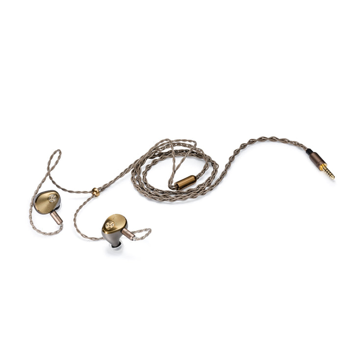 Astell&Kern Aura earphones bird's eye with attached cable over white background