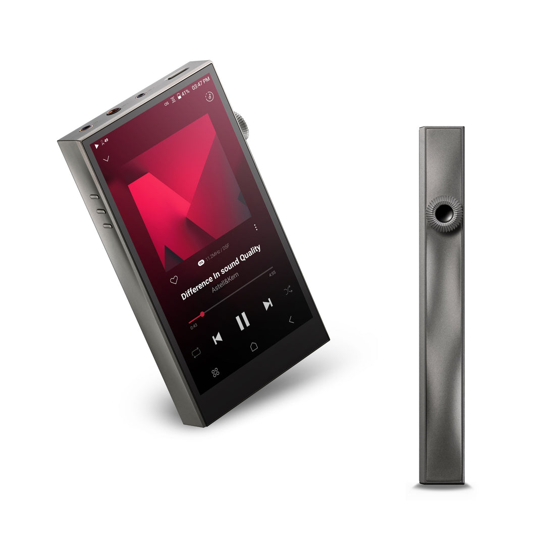 Astell&Kern SE300 Titanium 3 quarter front and Titanium profile over white background
