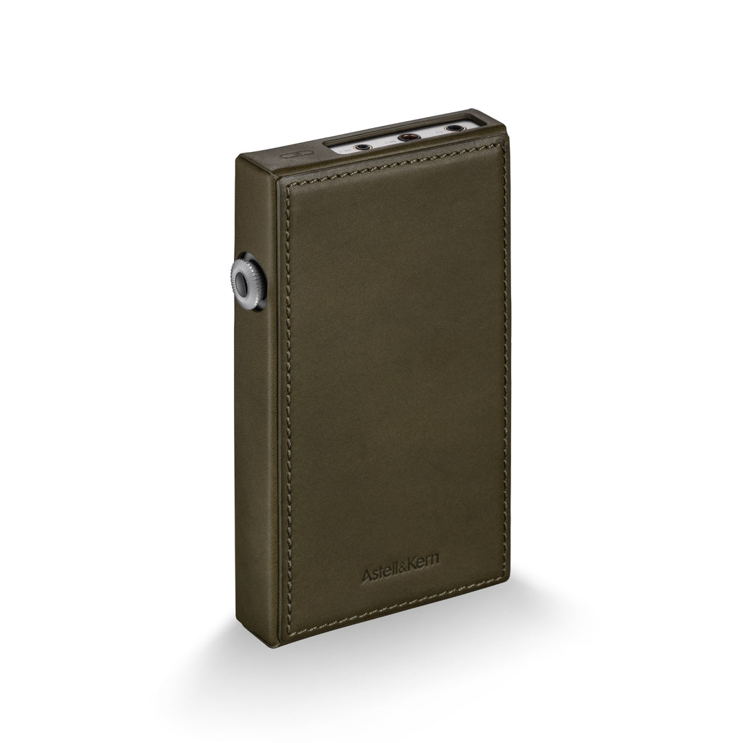 Astell&Kern SE300 Titanium 3 quarter rear inserted into stock case over white background