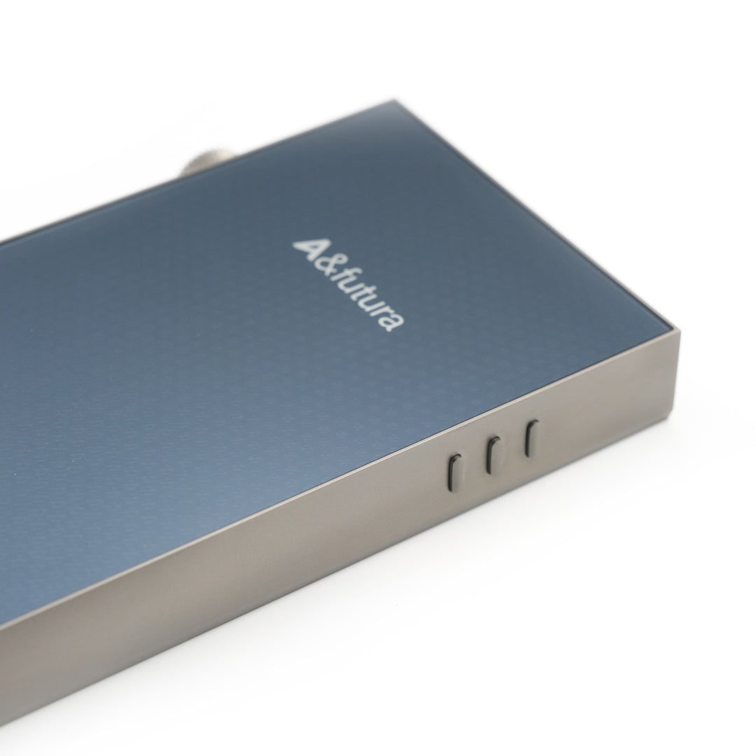 Astell&Kern SE300 Titan 3 quarter rear highlighting logo and buttons over white background