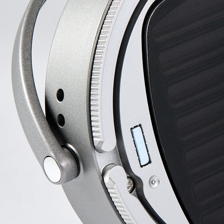 Audeze LCD-S20 headphones extreme closeup of magnetic earpad attachment whitebox