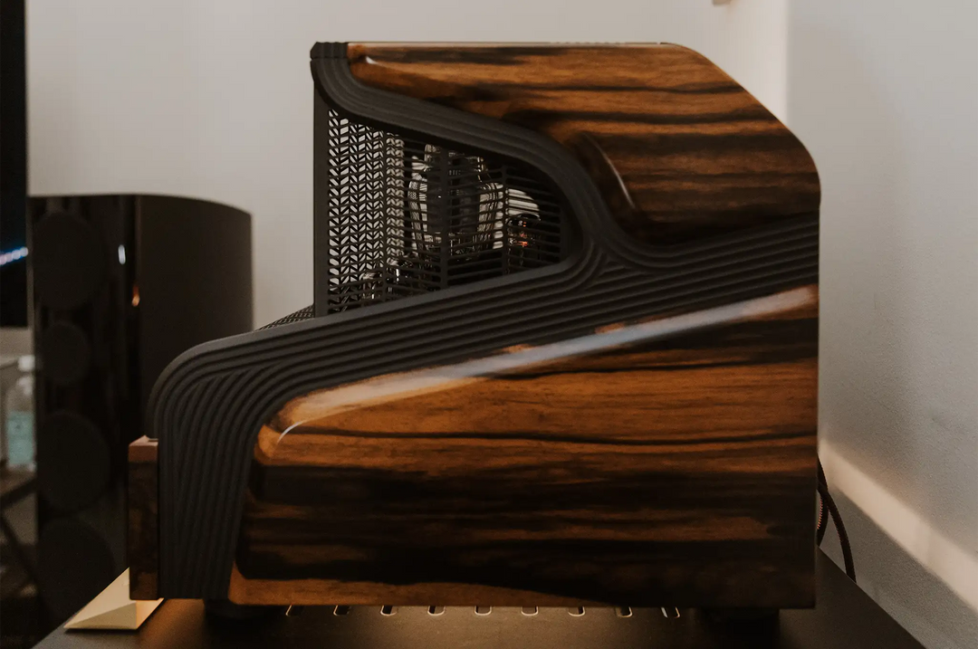 Audio-Technica Narukami Tube Amp right side profile view closeup of Kurogaki wood