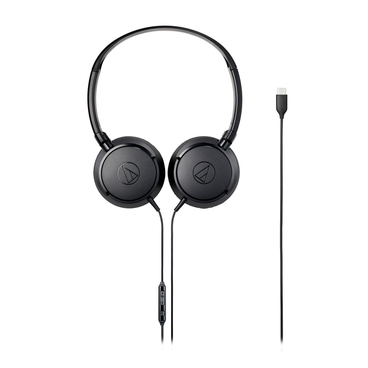 Audio-Technica ATH-S120C black headphone front with rotated cups and USB cable whitebox