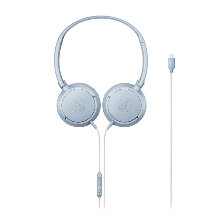 Audio-Technica ATH-S120C blue headphone front with rotated cups and USB cable whitebox