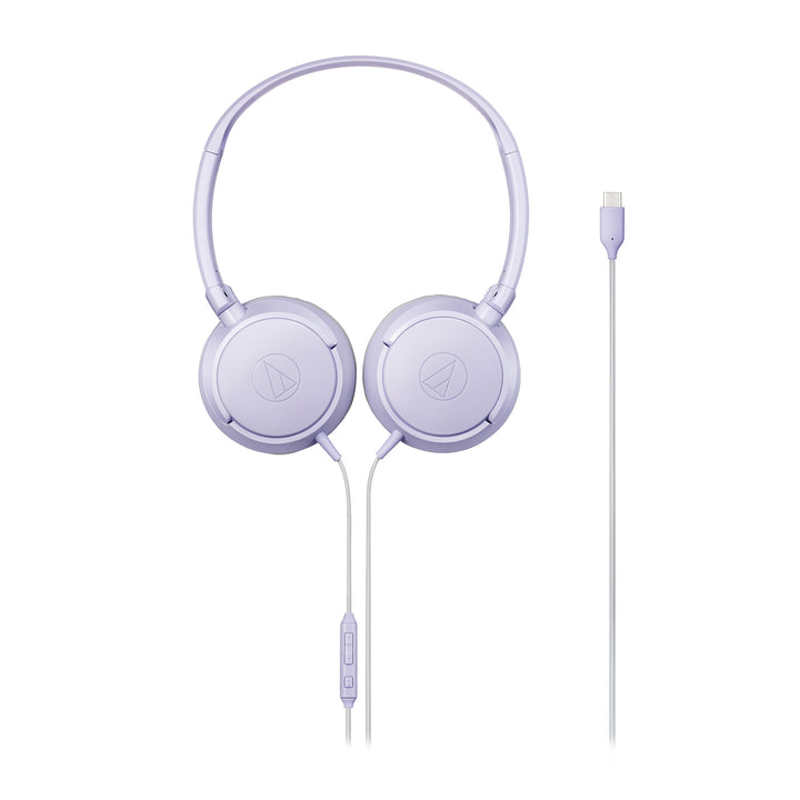 Audio-Technica ATH-S120C violet headphone front with rotated cups and USB cable whitebox