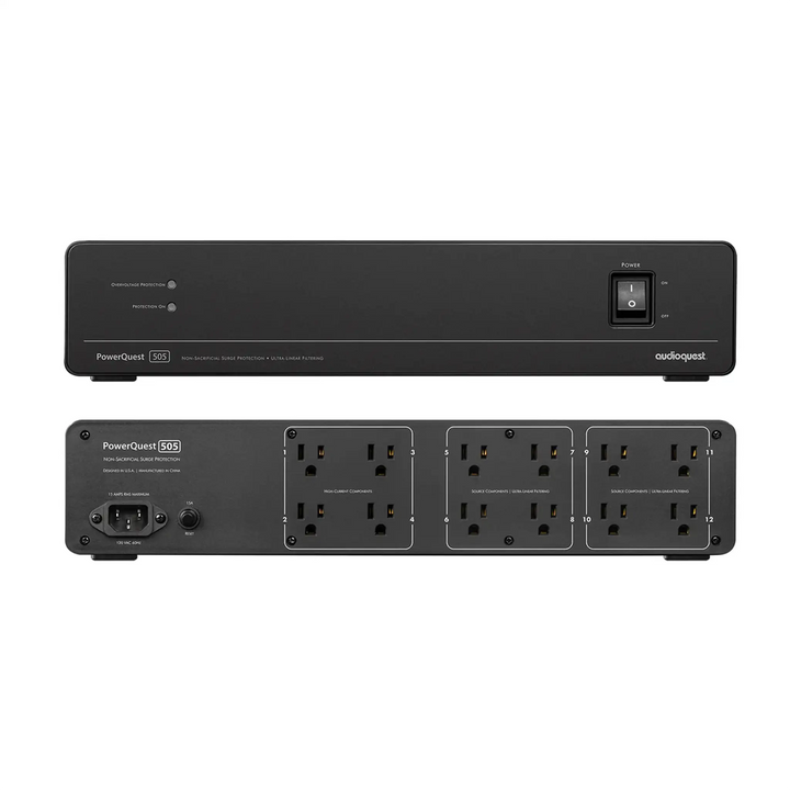 AudioQuest PowerQuest 505 Power Conditioner (2x) center front floating above rear outlet view whitebox