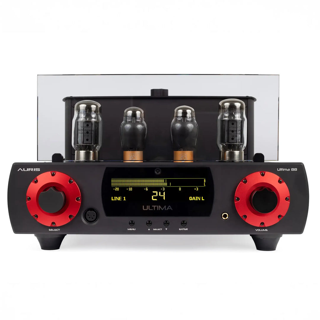 Auris Audio Ultima KT 88 headphone amplifier front center eye level whitebox