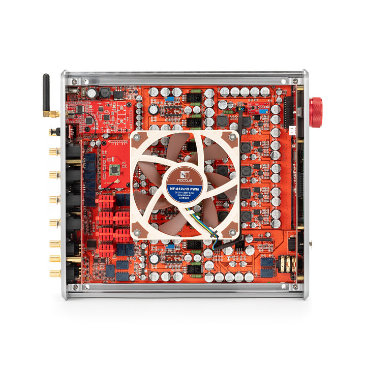 Burson Audio Conductor 3X GT top with cover removed exposing fan and circuitboard