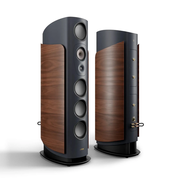 Canton Reference Alpha speakers in blue standing left 3 quarter view whitebox