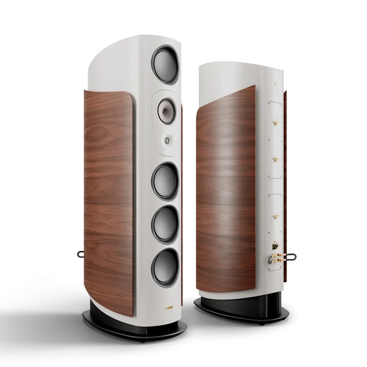Canton Reference Alpha speakers in grey standing left 3 quarter view whitebox