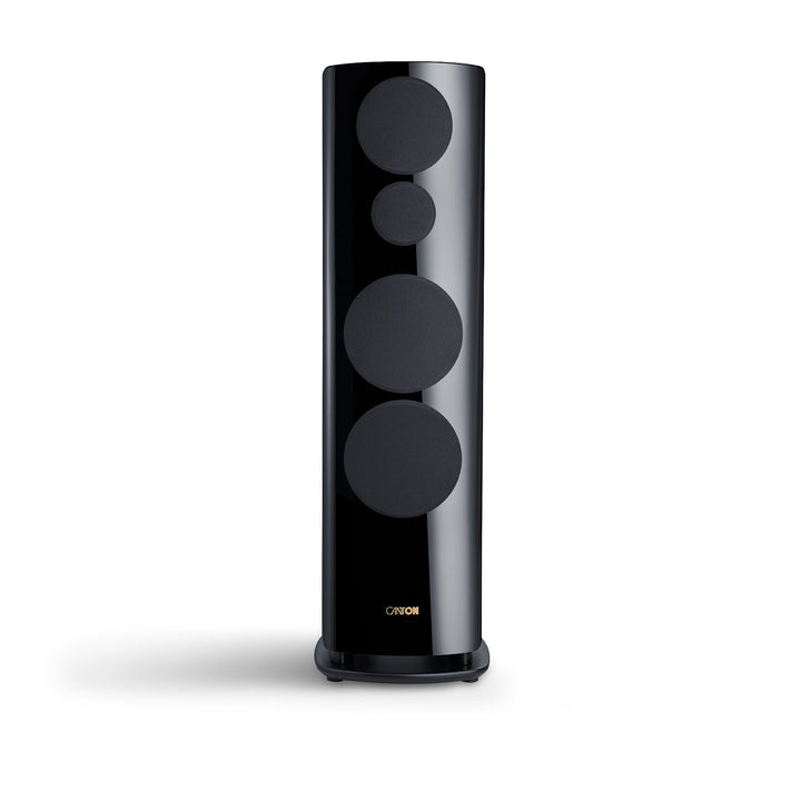 Canton Reference 2 2023 black front with cloth grills over white background