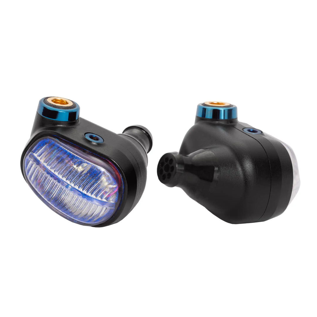 Campfire Audio Alien Brain IEMs front and back view right 3 quarter angle whitebox
