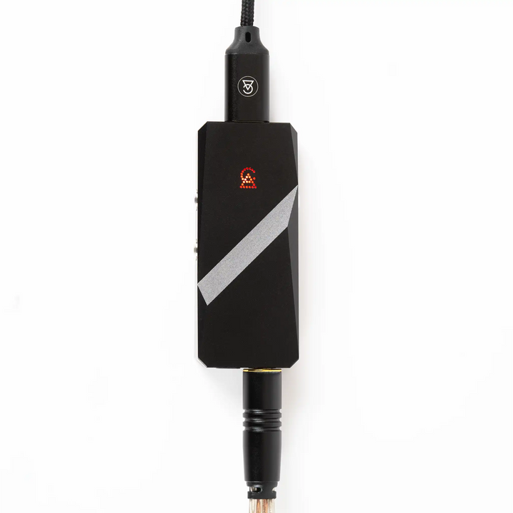 Campfire Audio Relay dac/amp front view with usb-c cable and headphone cable plugged in