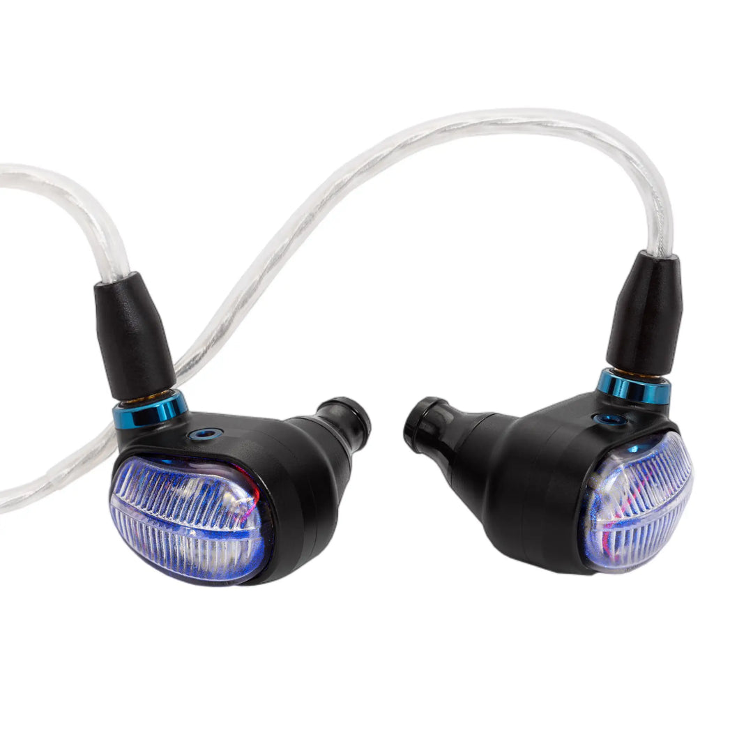 Campfire Audio Alien Brain IEMs front and side view 3 quarter angle with cable attached whitebox