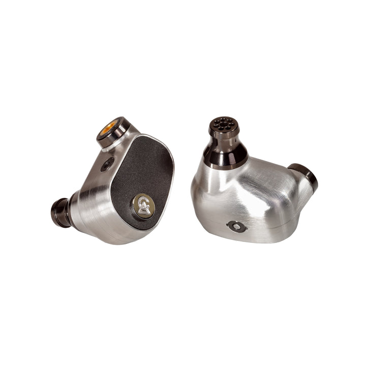 Campfire Audio Black Star earphones front and rear rotated over white background