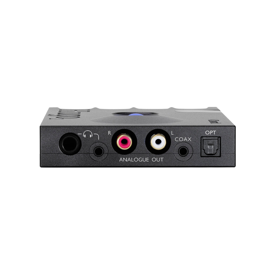 Chord Electronics black Hugo 2 profile highlighting analog outputs over white background