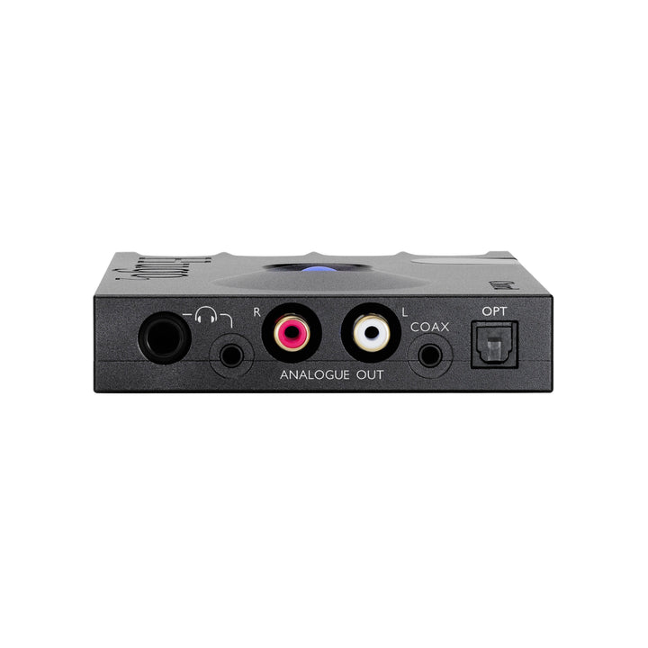 Chord Electronics black Hugo 2 profile highlighting analog outputs over white background