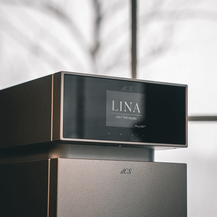 dCS Lina DAC silver front 3 quarter stacked with dCS master clock
