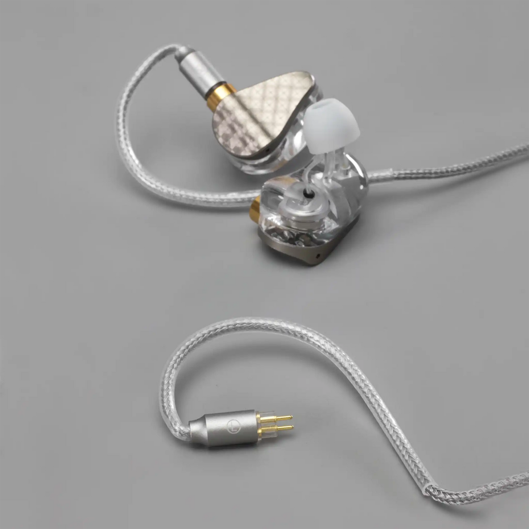 ddHiFi M198C cable closeup of 2-pin connectors x1 attached to IEM on grey backdrop