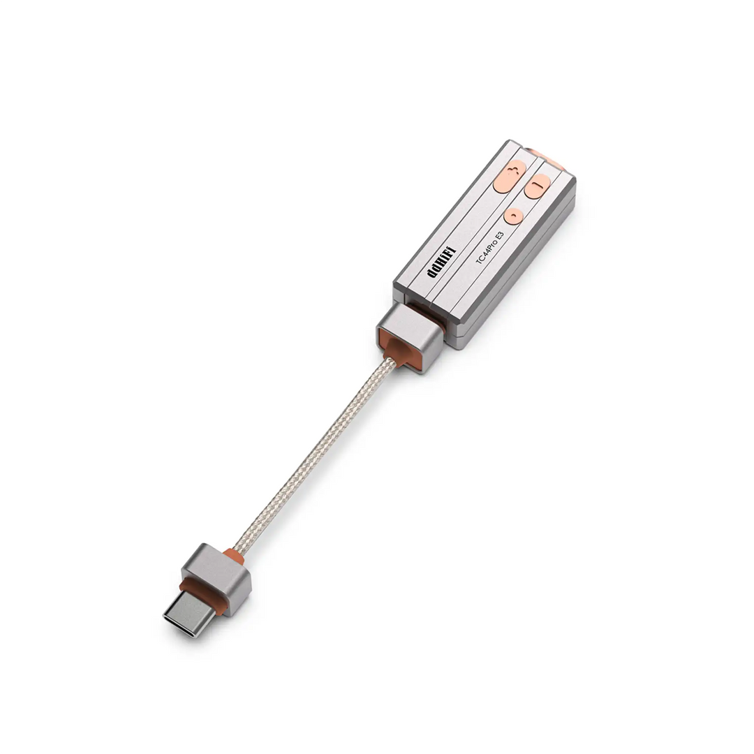 ddHiFi TC44Pro E3 DAC dongle sitting rotated diagonally with interchangeable cable attached whitebox