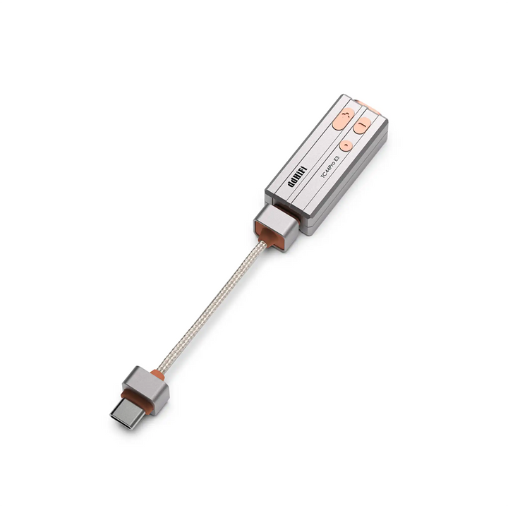 ddHiFi TC44Pro E3 DAC dongle sitting rotated diagonally with interchangeable cable attached whitebox