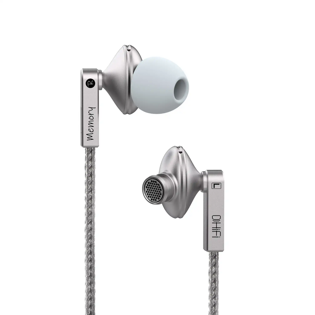 Silver in-ear headphones with cable on a white background