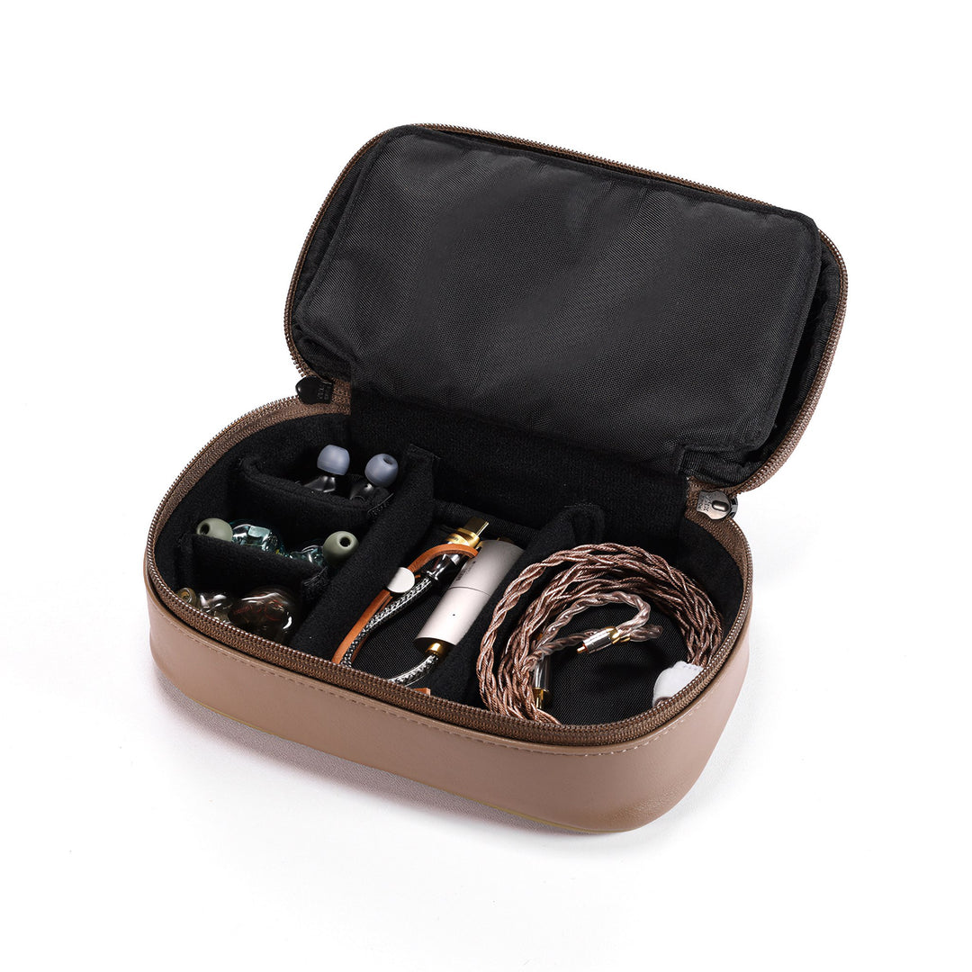 ddHiFi CZ180 case front quarter with open cover revealing main compartment with assorted gear over white background