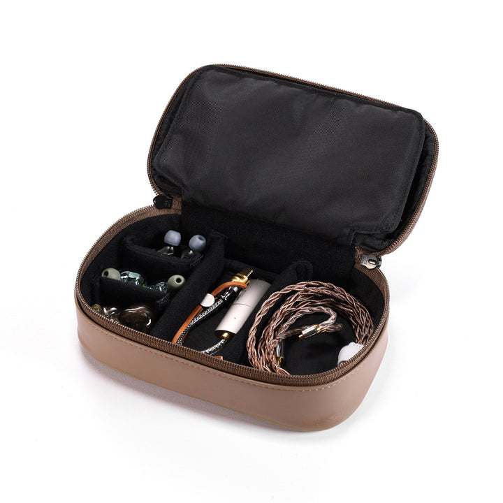 ddHiFi CZ180 case front quarter with open cover revealing main compartment with assorted gear over white background