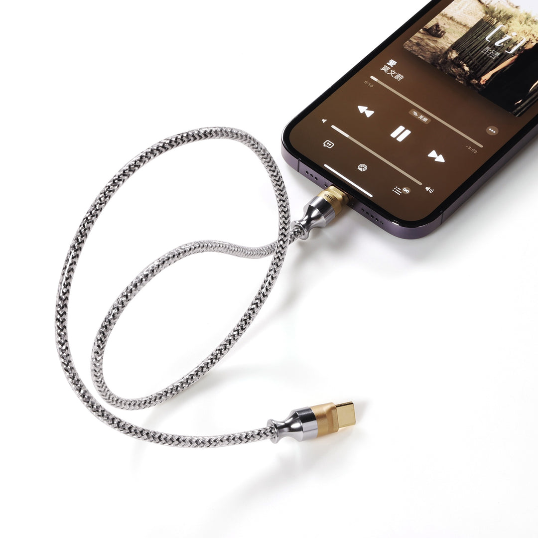ddHiFi MFi07S 50cm OTG cable connected to iPhone over white background
