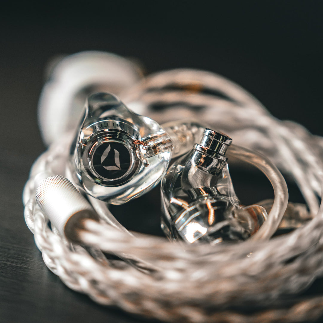 DITA Audio Project M extreme closeup with attached coiled, stock cable